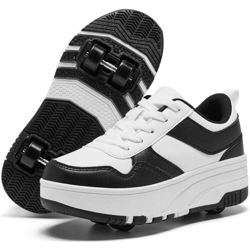 Kids Black-white Detachable Wheeled Fashion Sneakers Roller Skate Shoes